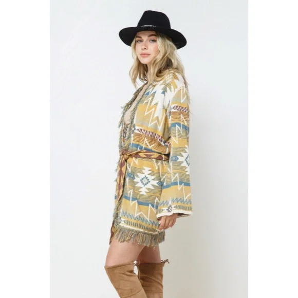 SOLD OUT Mustard Fringe Western Native Aztec Belted Tie Knit Cardigan Sweater - Picture 5 of 9